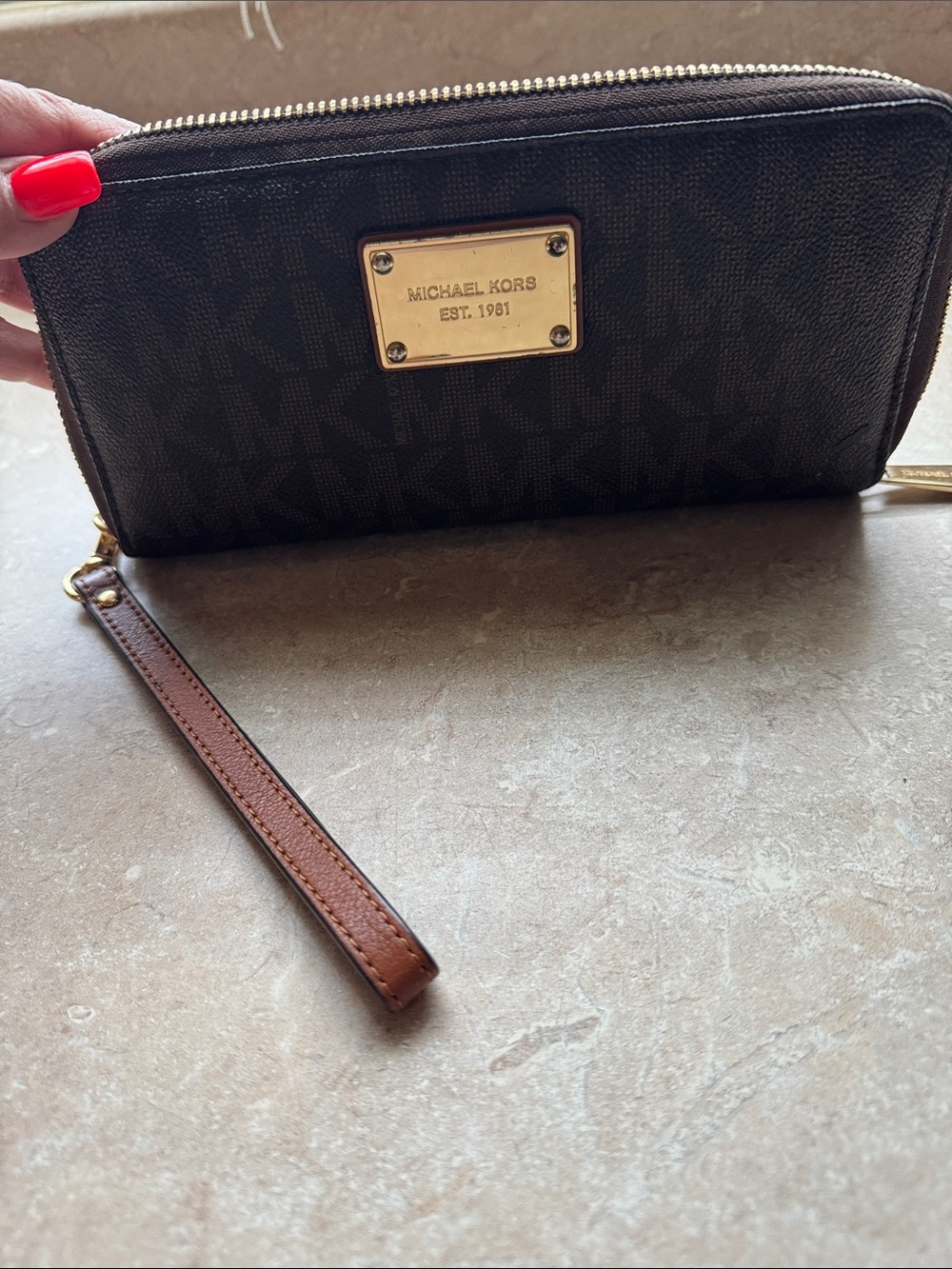 Michael Kors Dark Brown Signature Zip-Around Wristlet